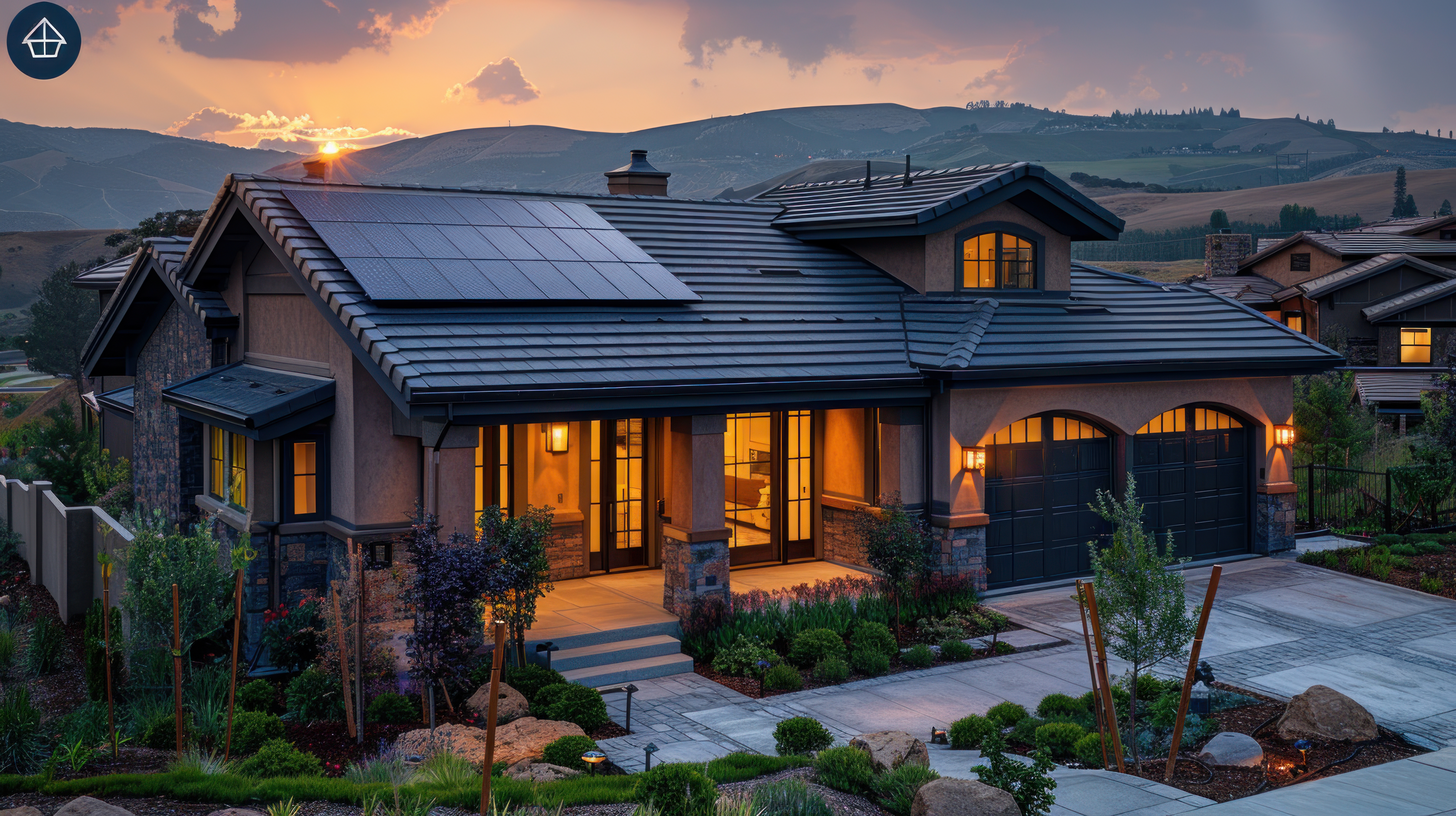 Suburban home with rooftop solar at sunset