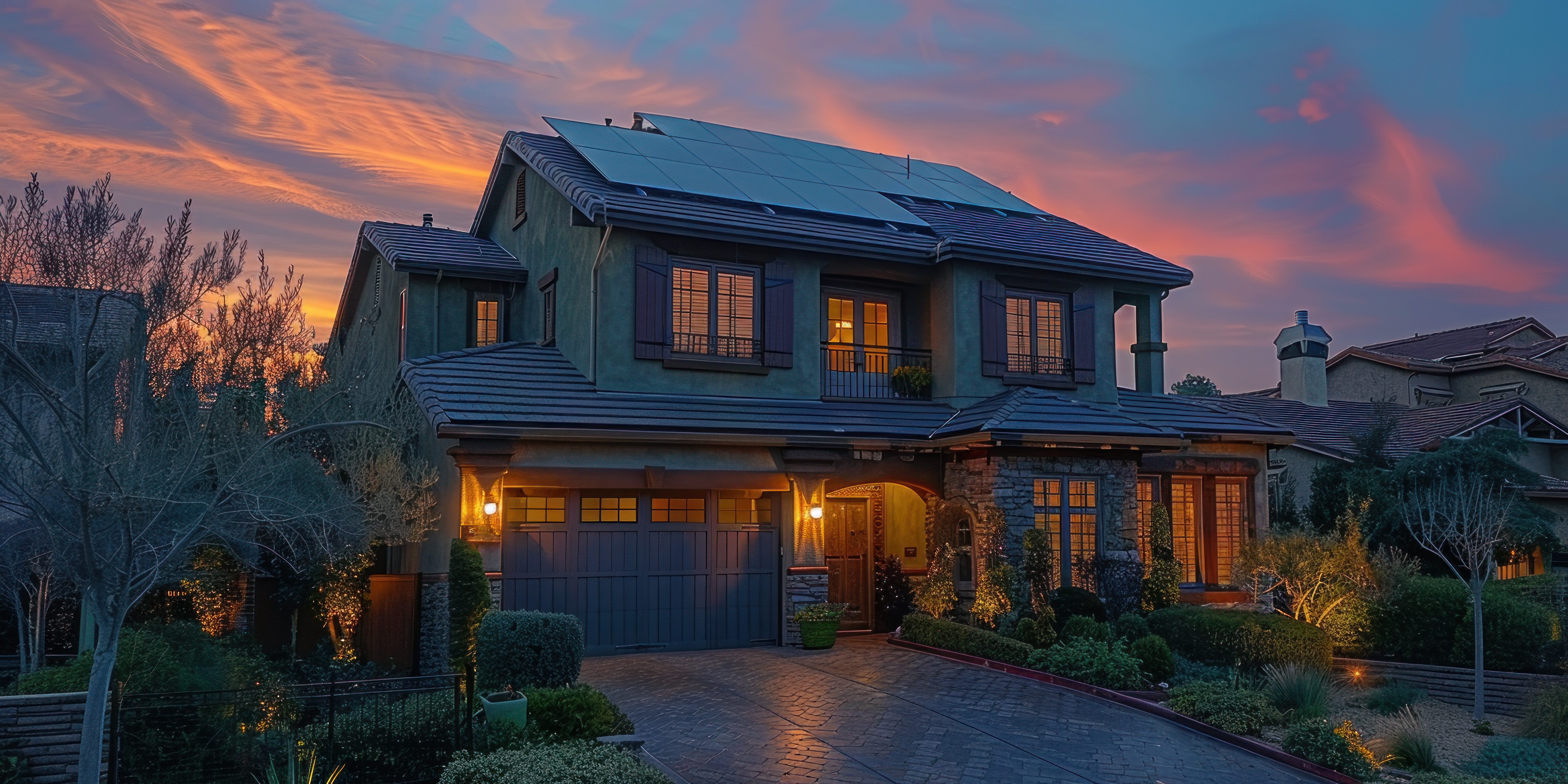 Modern home with rooftop solar at sunset