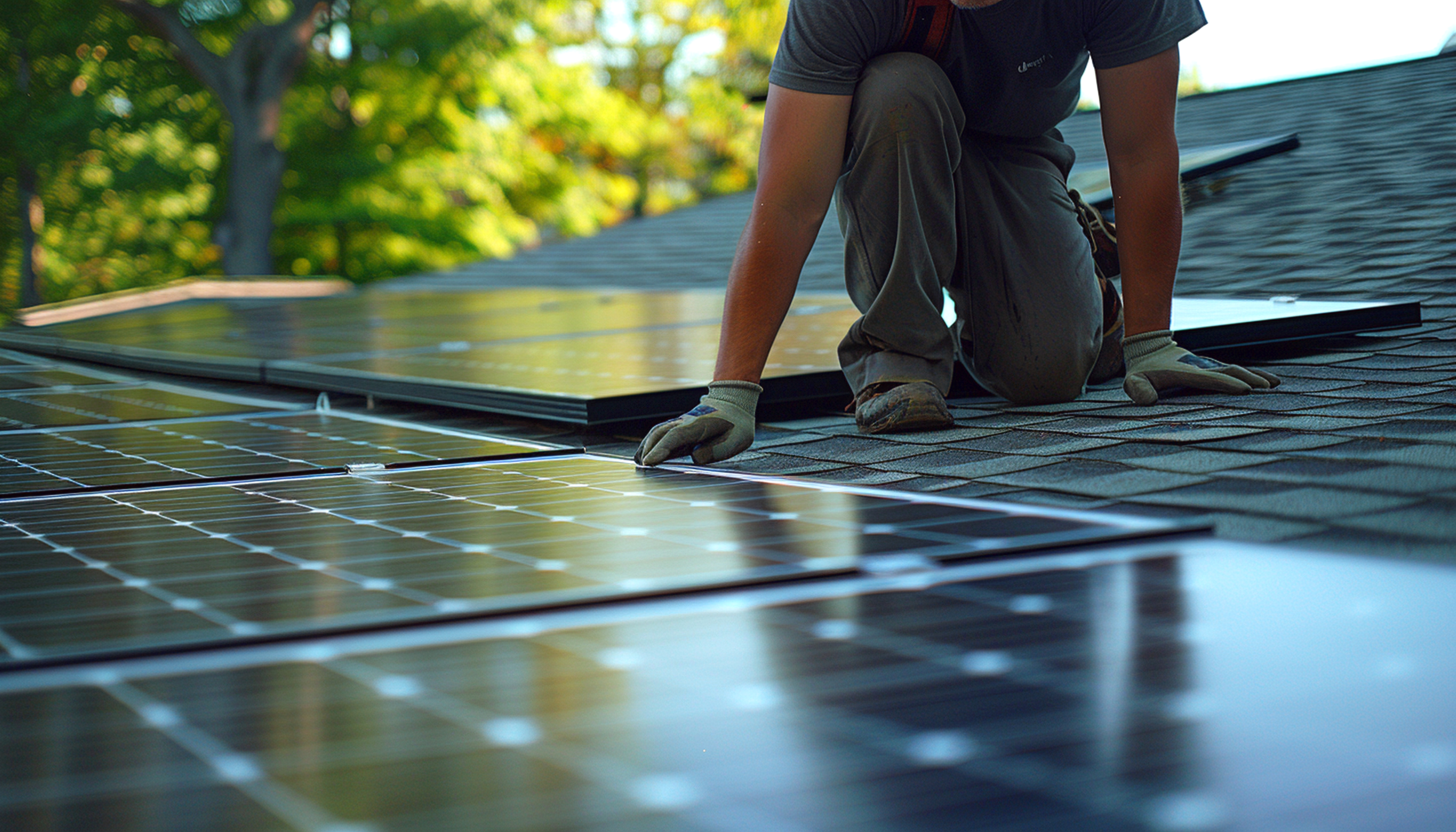 Installer securing solar panels onto a roof