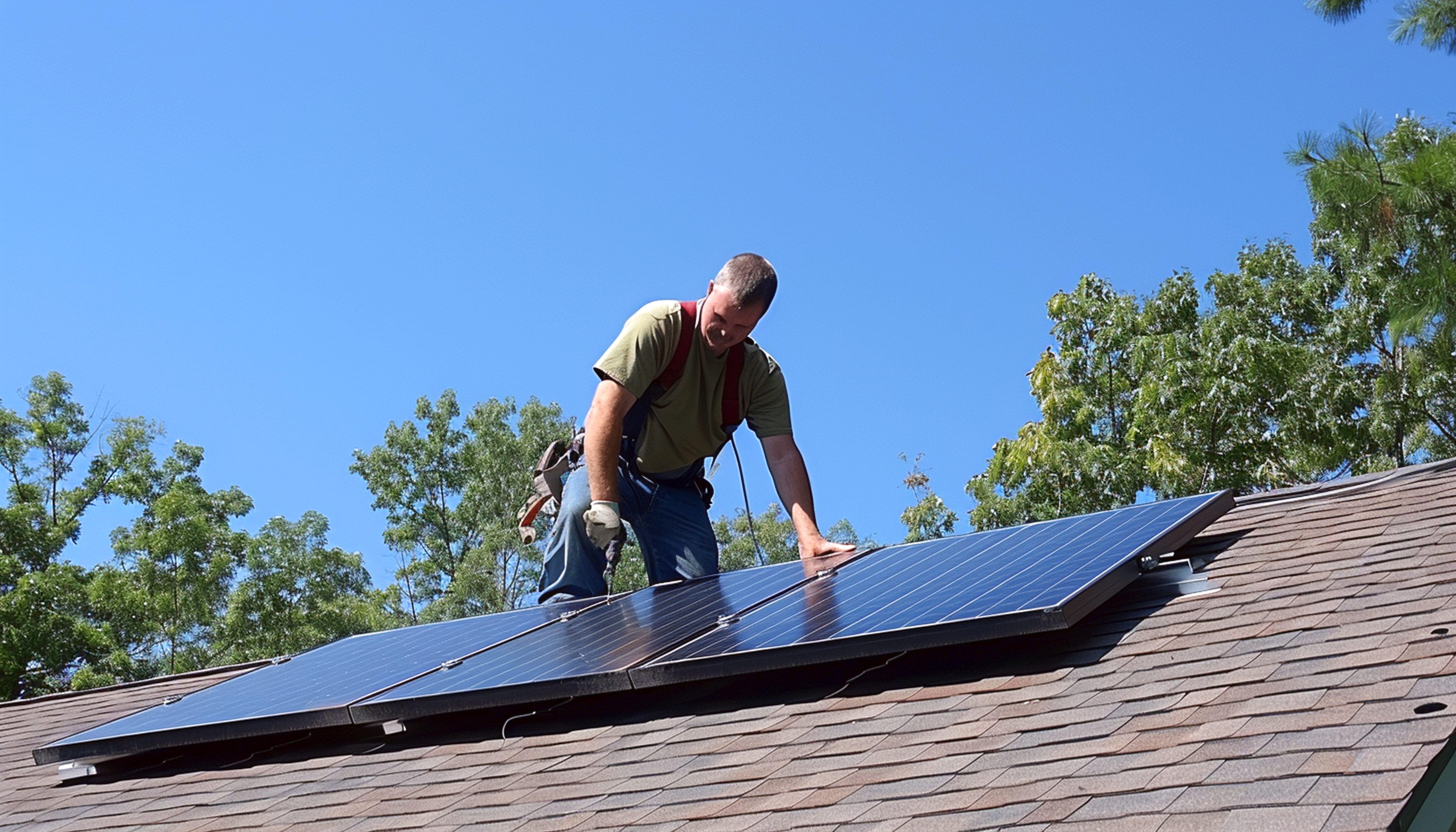 Solar installer mounting panels on a residential shingle roof