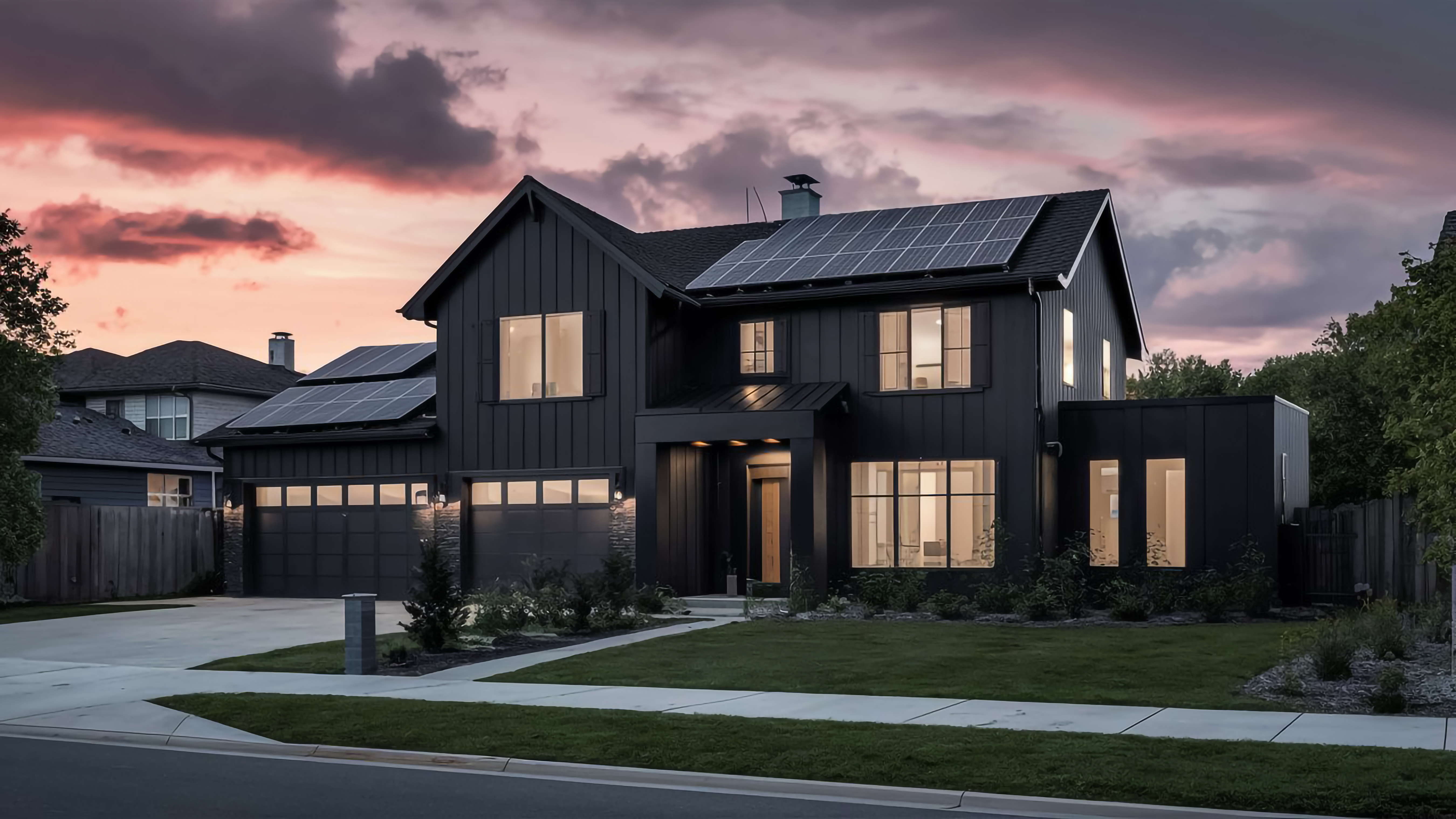 Suburban home with rooftop solar at dusk